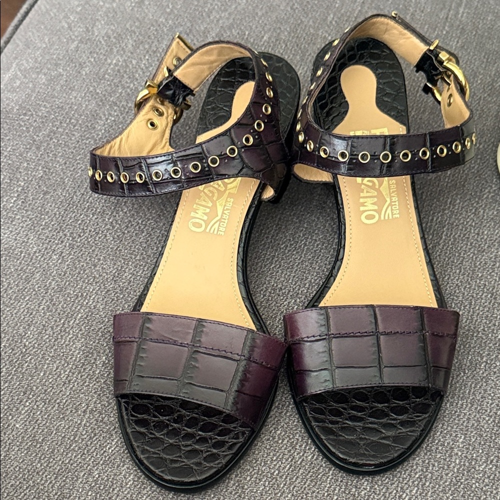 Salvatore Ferragamo Black and Purple Embossed Sandals - Picture 11 of 12